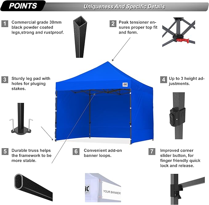 ABCCANOPY Heavy Duty Easy Pop up Canopy Tent with Sidewalls 10x10, Royal Blue