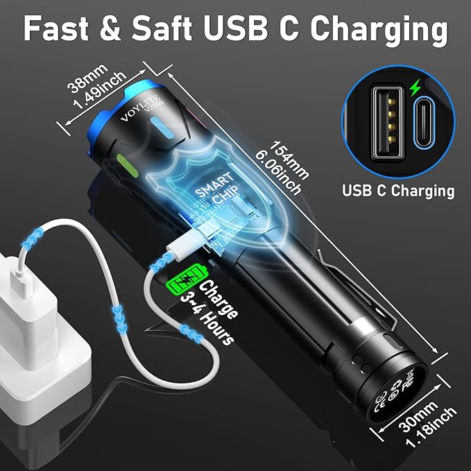 Flashlight High Lumens - 10000 Lumen, Rechargeable 5000mAh with LCD Power Display, IPX7 Waterproof, 3 Modes & Zoomable (1500m), Belt Clip for Camping, Hiking, Emergency