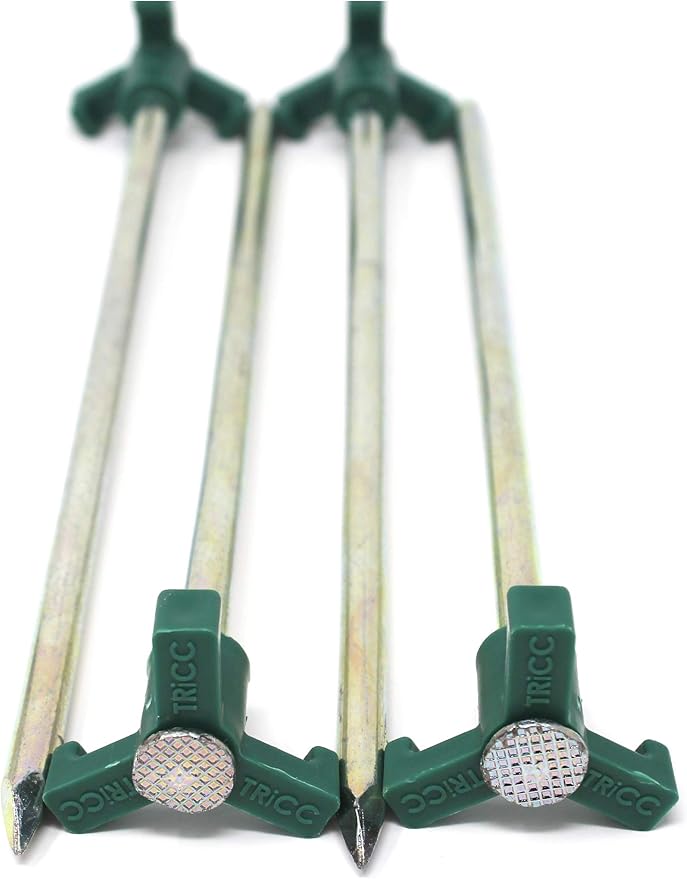 Tricc Unbreakable Heavy Duty Steel Tent/Canopy Stakes, Galvanized Non-Rust 10" Three Pegged Solid, Sturdy Stakes for Outdoor Trips, Camping, Hiking & Gardening. 4 Colors Made in The USA (Green)