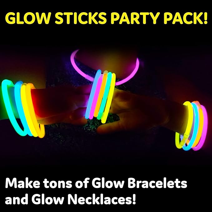 PartySticks Ultra Bright Glow Sticks Bulk Party Supplies 300 Pack - 8" Glow in the Dark Light Up Halloween Party Favors, Glow Decorations, Neon Party Necklaces and Bracelets with Connectors