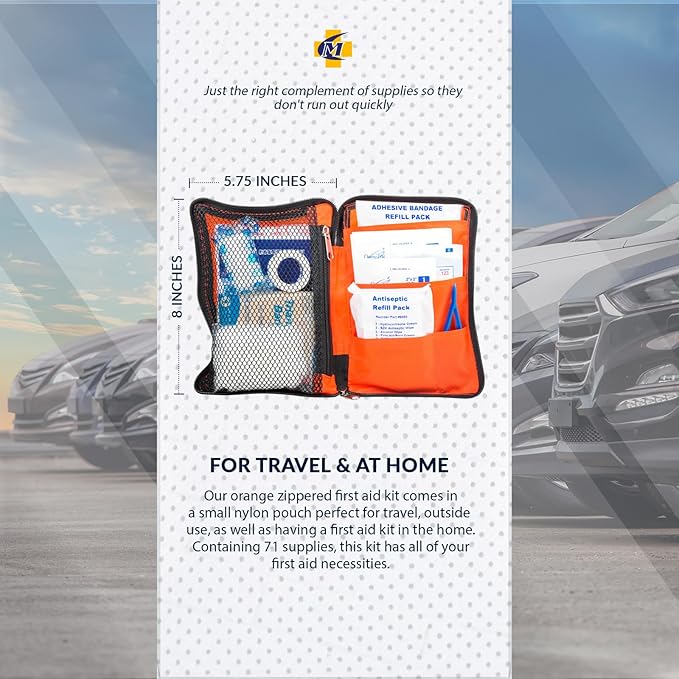 MFASCO First Aid Kit for Home, RV, Automotive - Compact Orange Pouch with Organizers for Small Travel, Backpacking, Cars, Motorcycle, Basic Supplies, Measures 8 x 5 3/4 x 1 1/4 inches, 70 Pieces