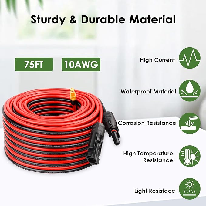 Solar Connector to XT60 Adapter Cable - 75FT, 10AWG for Solar Panel to Portable Power Station