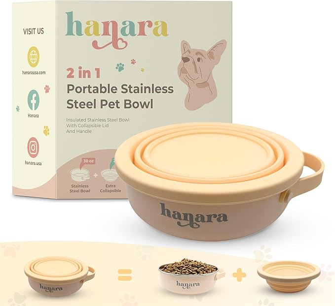 HANARA 2-in-1 Insulated Dog Bowl with Collapsible Lid & Handle – Stainless Steel, Non-Slip Rubber Base – Portable Pet Water & Food Bowl for Dogs & Cats – 30 OZ + 20 OZ – Indoor & Outdoor (Beige)