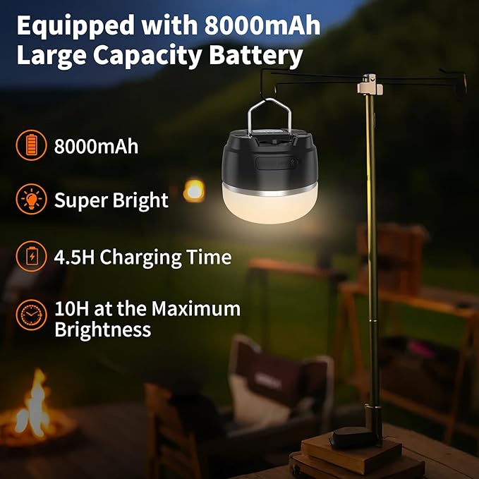 LED Camping Lantern, 8000mAh Rechargeable Camping Tent Light with 13 Light Modes, 6 Brightness Adjustable Tent Lamp, Waterproof Emergency Hanging Light for Hurricane, Power Outages