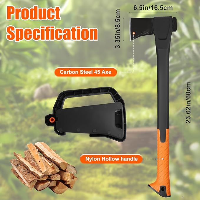 X24 Splitting Axe, 24” Camping Outdoor Hatchet for Wood Splitting and Kindling, Forged Carbon Steel Heat Treated Hand Maul Tool, Nylon Hollow Handle Shock Reduction Handle