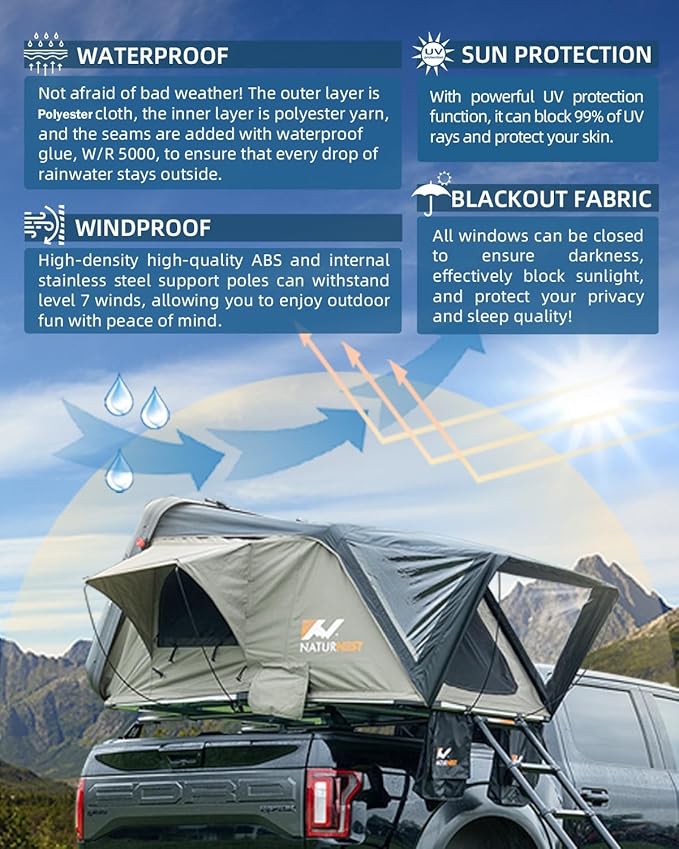 BAMACAR Naturnest Rooftop Tent Hard Shell 2-4 Person Nature Nest Roof Top Tent Hardshell Hard Top Claim Shell Overland Car Roof Rack Top Tents For Jeep SUV Van Pickup Truck Vehicle Trailer Car Camping