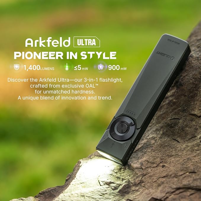 OLIGHT Arkfeld Ultra 1400 Lumens EDC Flat Flashlight, Rechargeable Pocket Light with White LED, UV, and Green Beam (Olive Grey)
