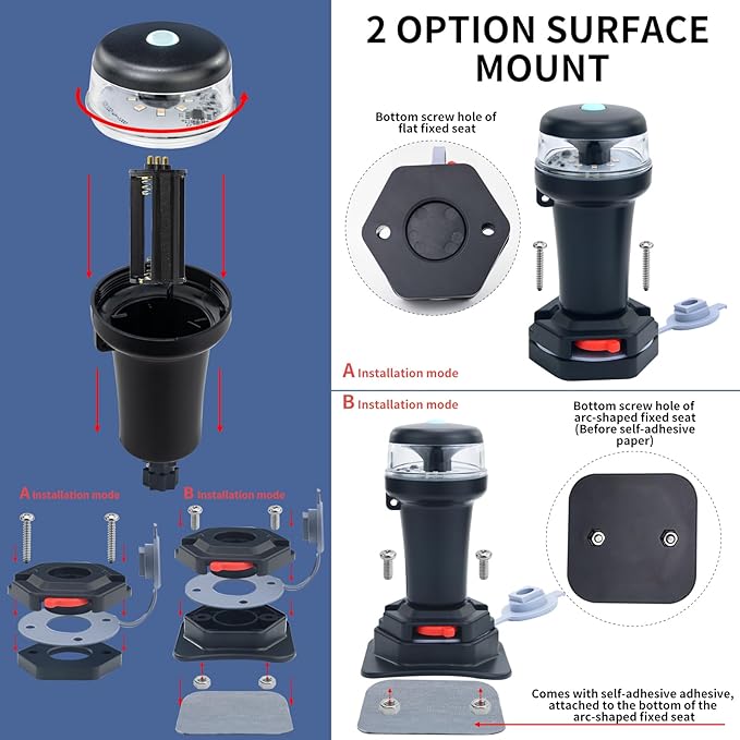 Kayak Battery Portable Navigation LED Lights Multi- Adaptors 3AA Battery Inflatable Boat Surface Mount Adhesive Base (White (With Fixed Base))