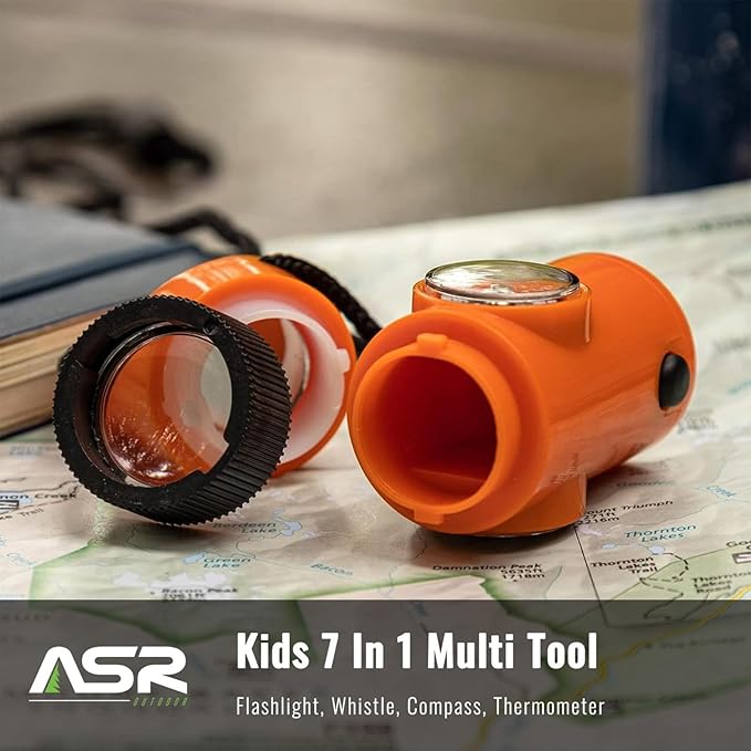 Kids Survival Outdoor Camping Multi Tool Whistle Compass LED 7 in 1 Flashlight