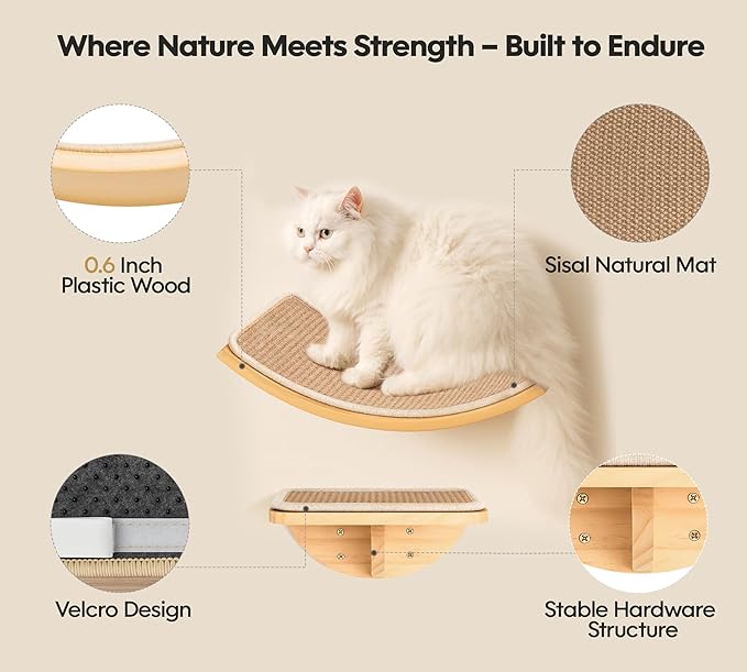 Cat Wall Shelves with Sisal Pads, 4-Piece Wooden Cats Furniture Set with Cat Window Perch, Flat Shelf & Sisal-Clad Steps for Climbing and Scratching