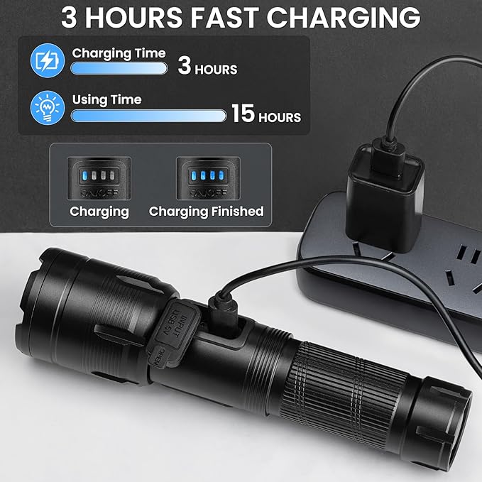 Rechargeable Flashlight 99000 High Lumens, Super Bright LED Flashlight with 7 Modes, Waterproof Powerful Flash Light for Camping, Home, Emerge?©cies (Black)
