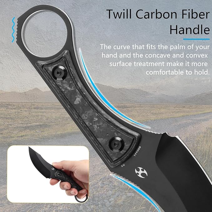 KANSEPT Niko Fixed blade Knife with Sheath, 3.54'' Black TiCn Coated D2 Blade and Carbon Fiber with Frag Pattern Handle, Adjustable Kydex Sheath for EDC, Fixed Knifes for Camping Hiking Fishing G004A1