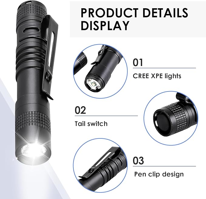 3.5" Mini Flashlight, AAA Small Pen Light with Clip, 500 Lumen Pocket Pen Flashlight Powered by AAA Battery, Portable Versatile for Inspection Medical Repair Camping Outdoor Emergency (White Light)