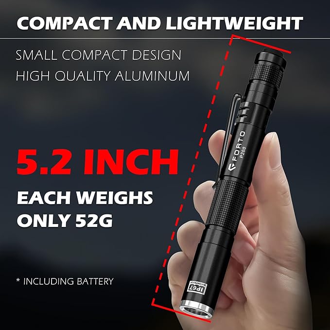 FORTO LED Pen Light, 200 Lumens Pocket Flashlight, IP67 Waterproof, 2 Modes, 2 Pack with AAA Batteries, Lightweight & Durable for Inspection, Medical Use, Emergency(Black)