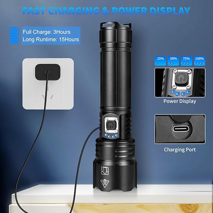 Rechargeable Flashlights High Lumens, 99000 Lumen Super Bright Led Flashlight with 5 Modes & 12H Long Runtime, Powerful Handheld Flash Light for Home Camping, IPX7 Waterproof 2Pack Flashlights