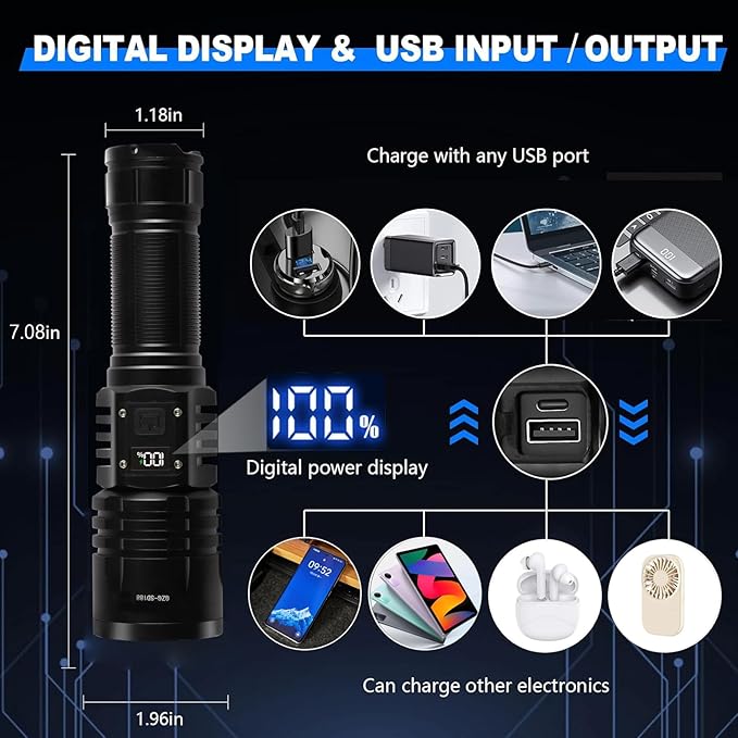 Rechargeable LED Flashlights 10000.00 High Lumens,๐๐๐๐ ๐๐๐ฐ High Powered Waterproof Tactical Flashlight Spotlight Flashlight for Home, Bright Flashlight Black for Outdoor Camping Emergency