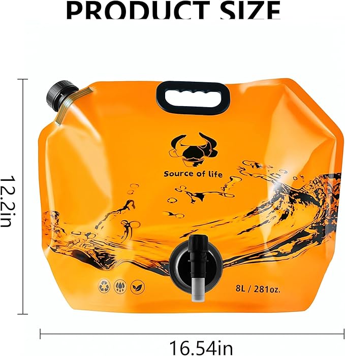 Collapsible 8L Water Storage Bag, BPA-Free Portable Folding Water Jug with Adjustable Faucet, Leakproof Emergency Water Bag for Camping, Hiking, Riding, Outdoor Sport (Blue & Orange 2)