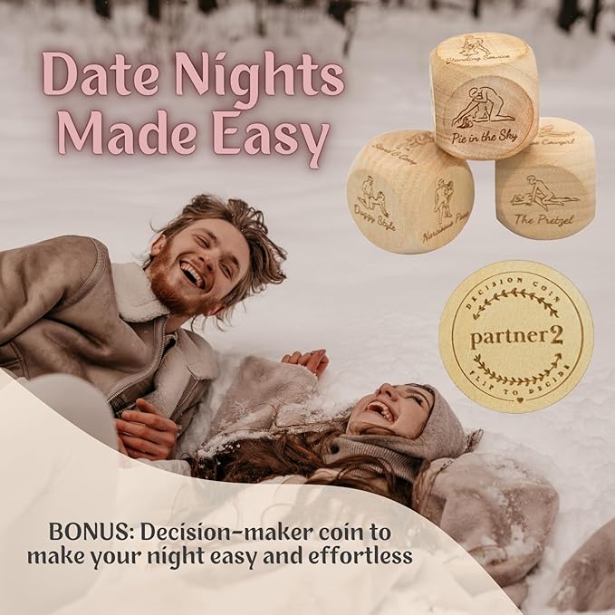 Date Night Dice Game Love Set - 3 Positions Dice, Decision Coin, Board & Carry Bag - Date Night Gifts for Couples Games, Bachelorette Party Favors, Bridal Shower Gifts Couples Gift for Him and Her
