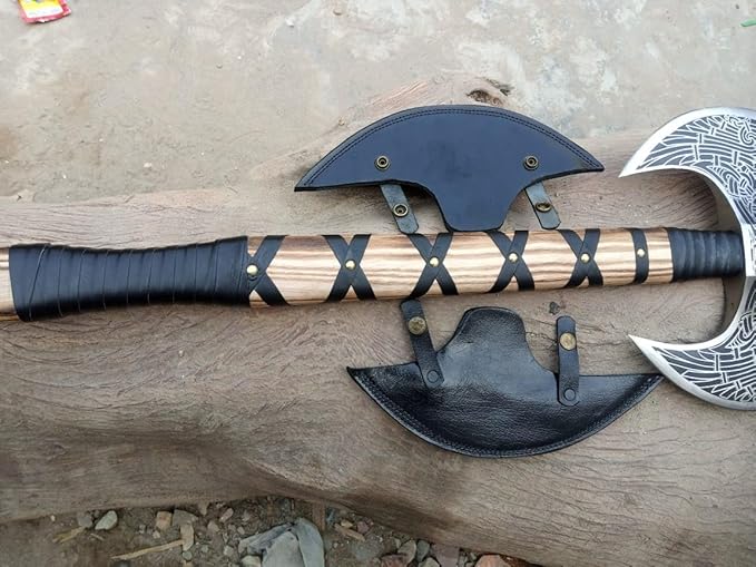Hand-Forged Double Headed Viking Axe – 27" Odin's Carbon Steel Battle Hatchet with Leather Wrapped Wood Handle – Norse Style Throwing Axe for Camping, Collecting, Survival Gear, or Gifts.