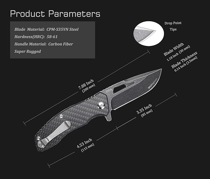Folding Tactical Knife - Carbon Fiber Handle Liner Lock, S35VN Powder Steel Sharp Blade - 3.35'' Pocket Knife for Fishing Hiking Hunting Survival, Personalized Gifts. Eagleye Series