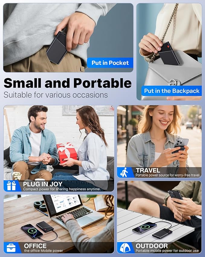 Portable Charger Power Bank, 10000mAh 22.5W PD Super Fast Charging Powerbank with Built-in USB C in&Out Cable, Slim External Phone Battery Pack for iPhone 17/16/15 iPad Samsung S24 Android etc