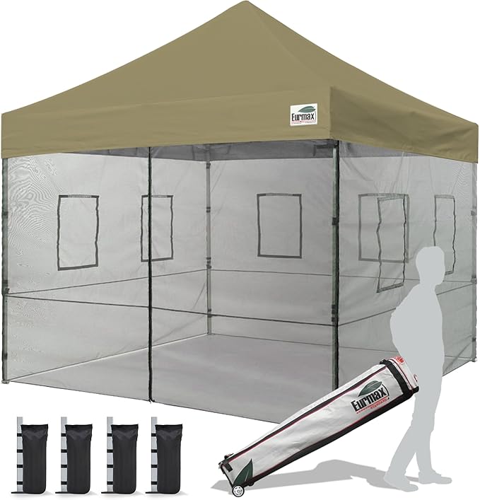 Eurmax USA 10'x10' Pop-up Canopy Tent Commercial Instant Canopies with 4 Removable Zipper End Food Service Wall kit and Roller Bag, Bonus 4 SandBags(Khaki)