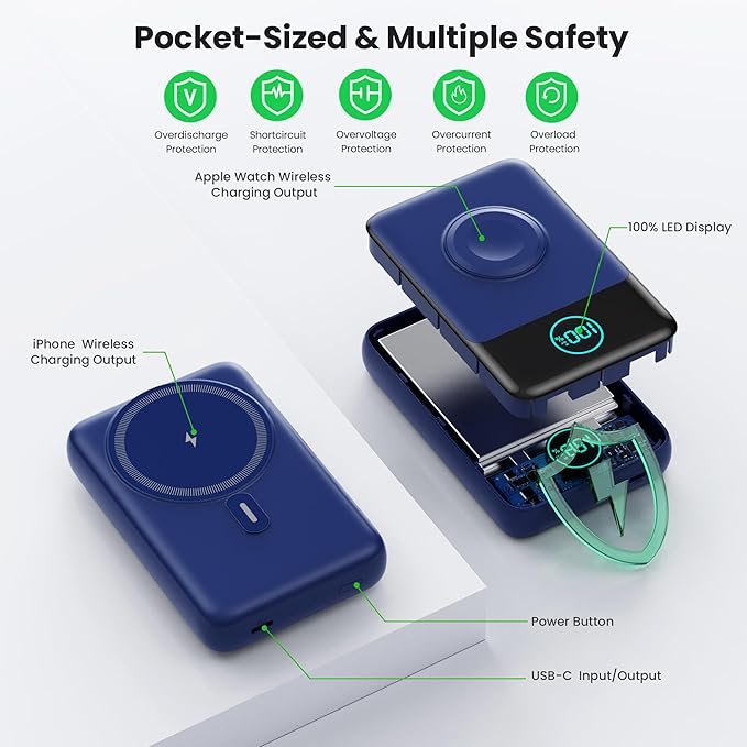 Magnetic Portable Charger for iPhone, 3-in-1 10800mAh Qi2 15W Wireless Power Bank with iWatch Charger,30W PD Fast Charging USB-C LCD Display Battery Pack for Magsafe,iPhone 17/16/15/14/13, Apple Watch