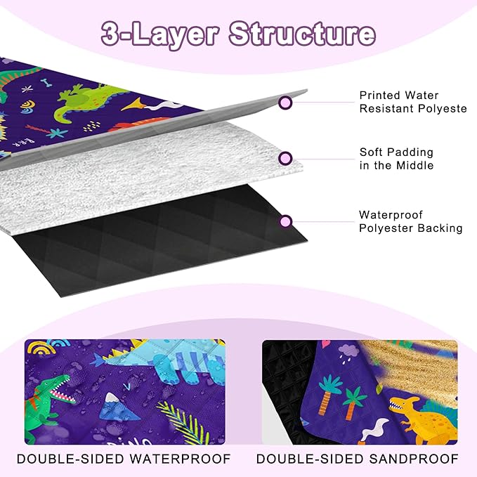 Extra Large Picnic Blanket Waterproof,80"x 80"Foldable Machine Washable Beach Blankets,Outdoor Blanket for 6-8 Adults,Picnic Mat Suitable for Indoor Crawling,Park Beach,Camping,Hiking,Travel(Dinosaur)