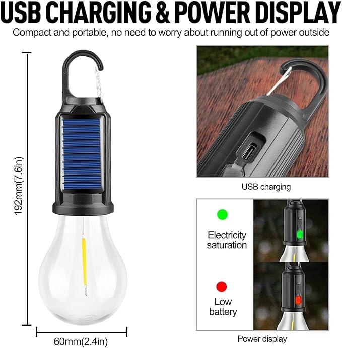 MODOAO Solar Tent Lights USB Rechargeable Led Camping Lantern ,Outdoor Hanging Light Bulbs with Clip Hook for Camping, Christmas, Decorations, Emergency,Flashlight (1pcs) (1)
