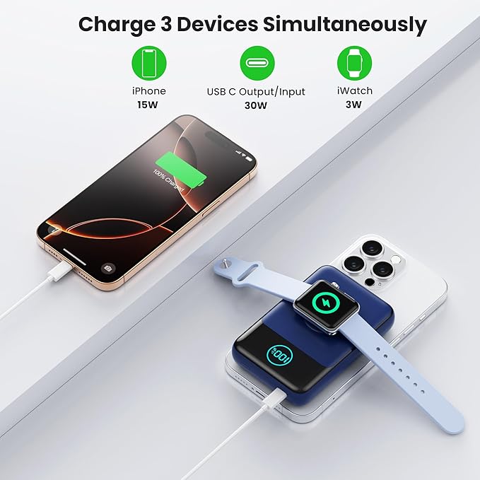 Magnetic Portable Charger for iPhone, 3-in-1 10800mAh Qi2 15W Wireless Power Bank with iWatch Charger,30W PD Fast Charging USB-C LCD Display Battery Pack for Magsafe,iPhone 17/16/15/14/13, Apple Watch