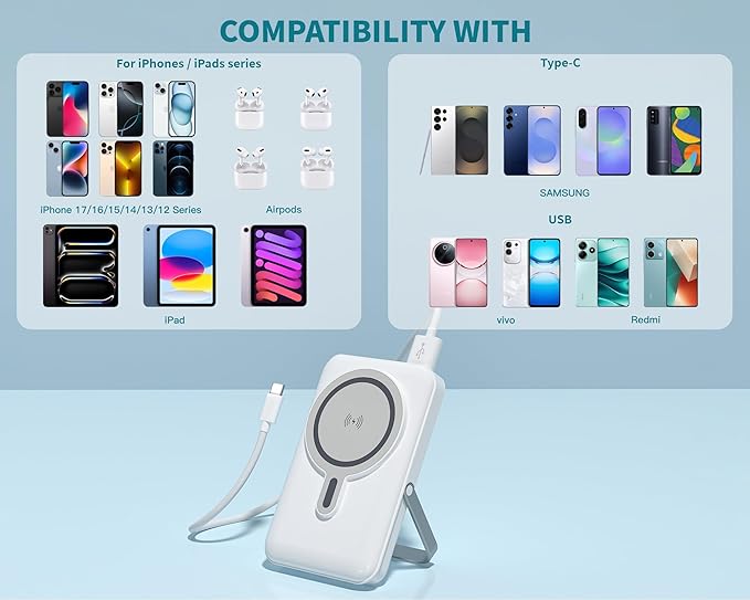 Magnetic Portable Charger Bank Built-in Cables,10000mAh USBC Power Bank 22.5W MAX Battery Pack Magnet Charger Protable Powerbank Fast Charging for Apple iPhone 17/16/15/14/13/12 Series,Samsung S25/S24