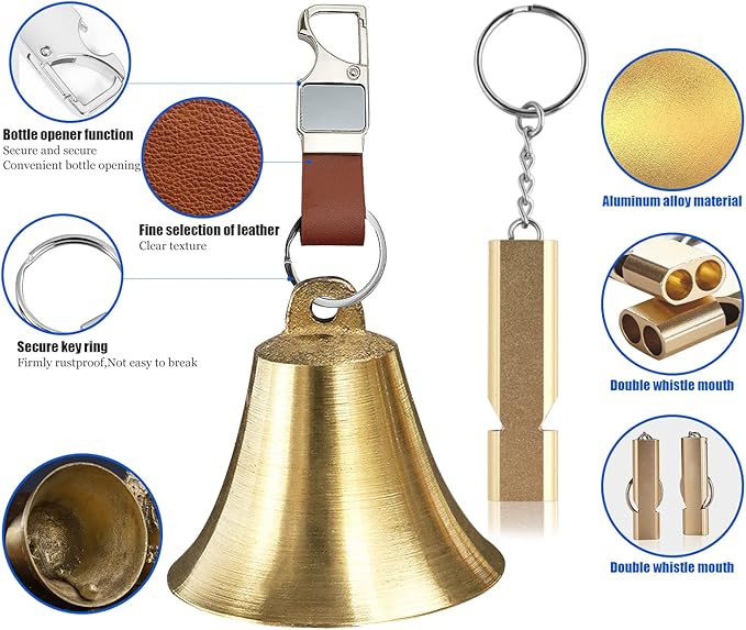 Pacify 2" Loud Bear Bell with Whistle for Hiking, 3 in 1 Solid Brass Bear Bells with Emergency Whistle and Carabiner for Survival, Hiking, Camping, Fishing, Biking