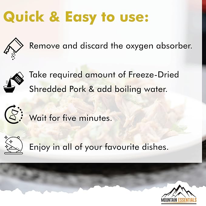 MOUNTAIN ESSENTIALS Freeze-Dried Shredded Pork ??Fully Cooked, Ready-to-Eat Meat | 10 Servings per Pouch | 7-Year Shelf Life | Ideal for Daily Meals, Camping, Emergency Preparedness & Survival | Made in USA | Pack of 1