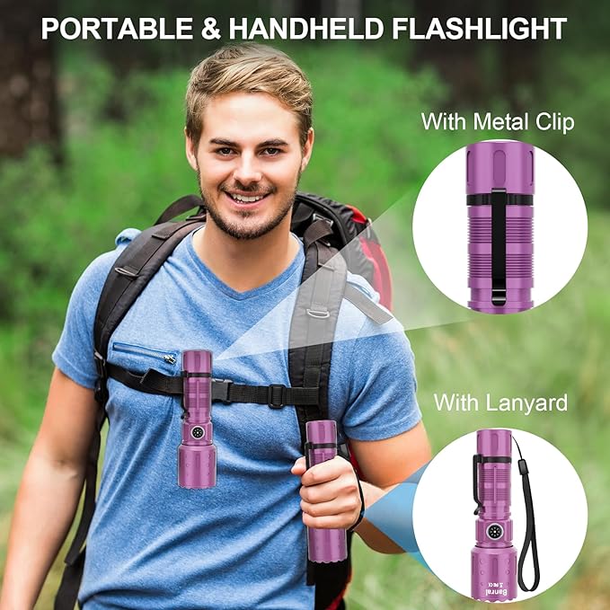 Flashlights High Lumens Rechargeable, Super Bright Long Range Small Powerful Flashlight, 6 Modes LED Tactical Pocket Waterproof Flash Light for Home Emergency (2, Purple)
