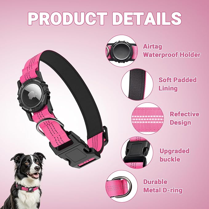 AirTag Dog Collar and Leash, IP68 Waterproof Integrated with Reflective, Ultra-Durable, Comfortable Padded, Heavy Duty Dog Collars for Small Medium Large Dogs, M (12.6"-17.1"), Pink