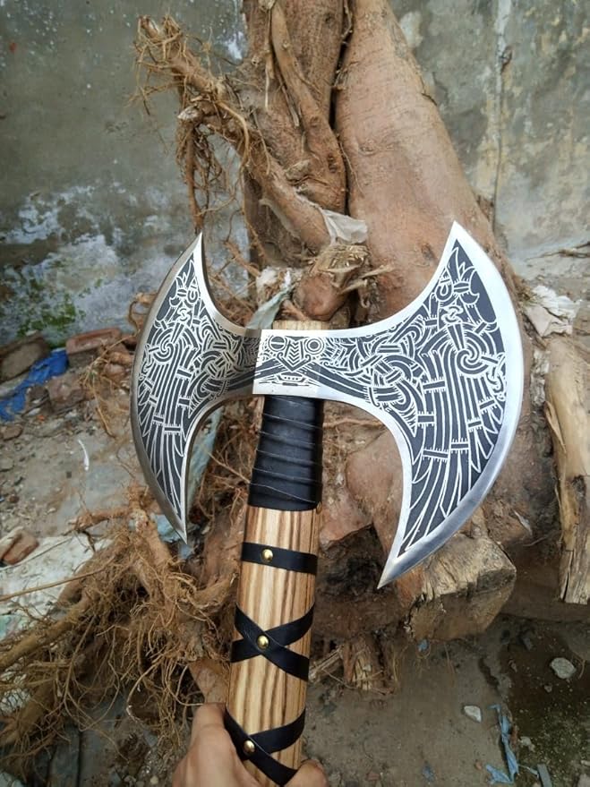 Hand-Forged Double Headed Viking Axe – 27" Odin's Carbon Steel Battle Hatchet with Leather Wrapped Wood Handle – Norse Style Throwing Axe for Camping, Collecting, Survival Gear, or Gifts.