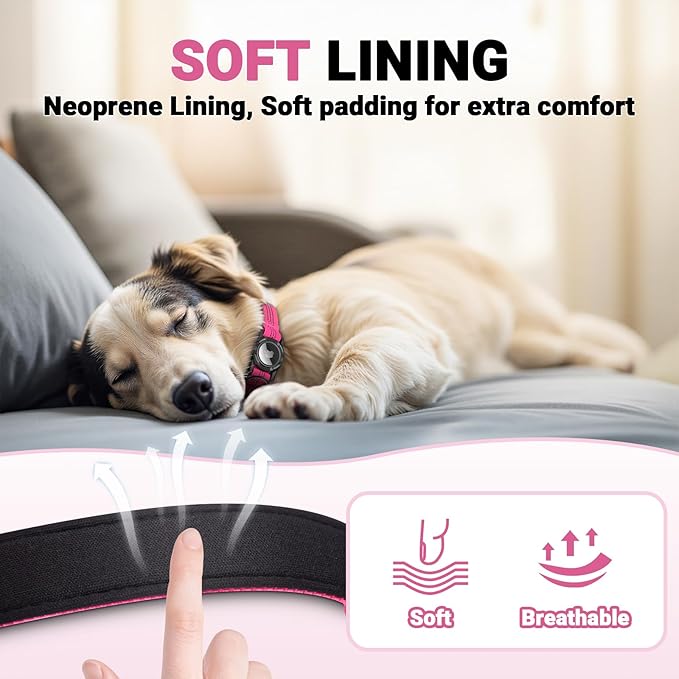 AirTag Dog Collar and Leash, IP68 Waterproof Integrated with Reflective, Ultra-Durable, Comfortable Padded, Heavy Duty Dog Collars for Small Medium Large Dogs, L (14.8"-20.3"), Pink