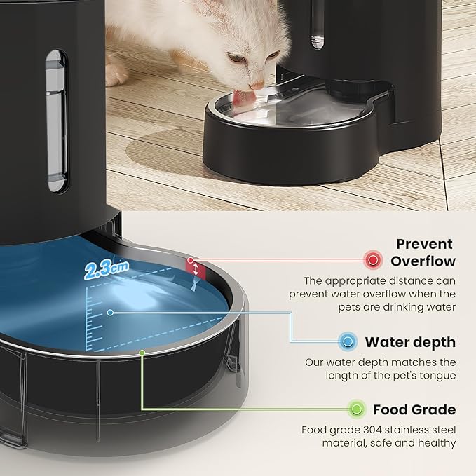 CZPET Automatic 4L Filter Dog and Cat Water Dispenser with Stainless Steel Bowl Gravity Waterer,Large Capacity and Drinking Area Noise-Free for Pets (Black)