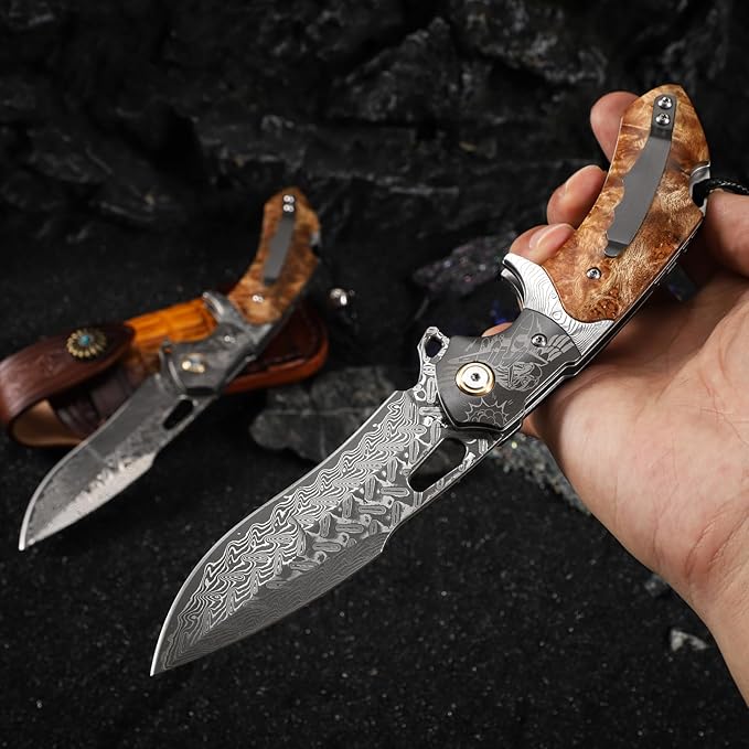 Damascus Steel Folding Pocket Knifeï¼?.6in Men's EDC knife,With leather sheath,pocket clip,Liner Lock,Fighter Pattern,Tree Tumor Shadow Wood Handle,For outdoor hunting Fishing camping knife