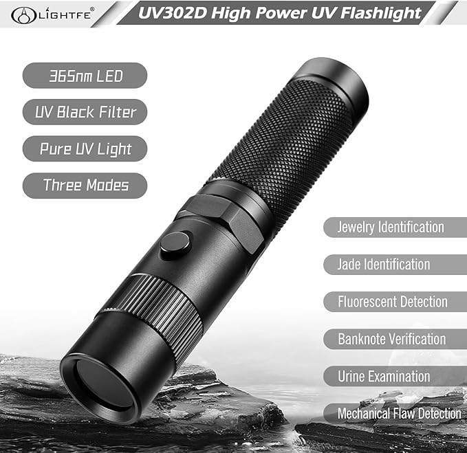 LIGHTFE UV Flashlight 365nm Blacklight UV302D with LG LED Source, Black Filter Lens, Max.3000mW Power for UV Cure, Glow Rocks, Pet Urine Detection, AC Leak Detection
