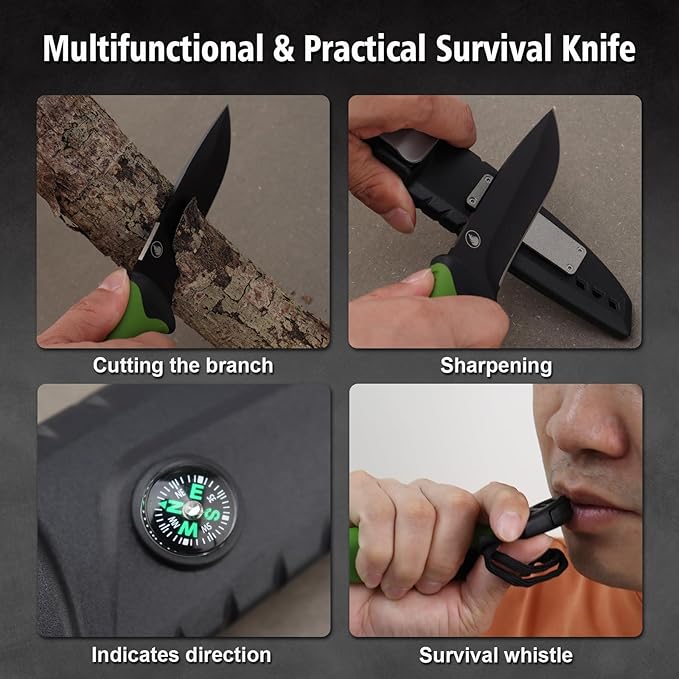 Fixed blade hunting knife-Stainless Steel Blade,Fixed blade knife with sheath, Fire Starter, Sharpener, Whistle and Compass,Survival Tactical Knife for Hunting,Fishing,Camping and Bushcraft