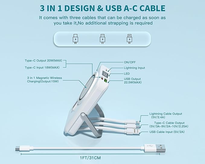 Magnetic Portable Charger Bank Built-in Cables,10000mAh USBC Power Bank 22.5W MAX Battery Pack Magnet Charger Protable Powerbank Fast Charging for Apple iPhone 17/16/15/14/13/12 Series,Samsung S25/S24