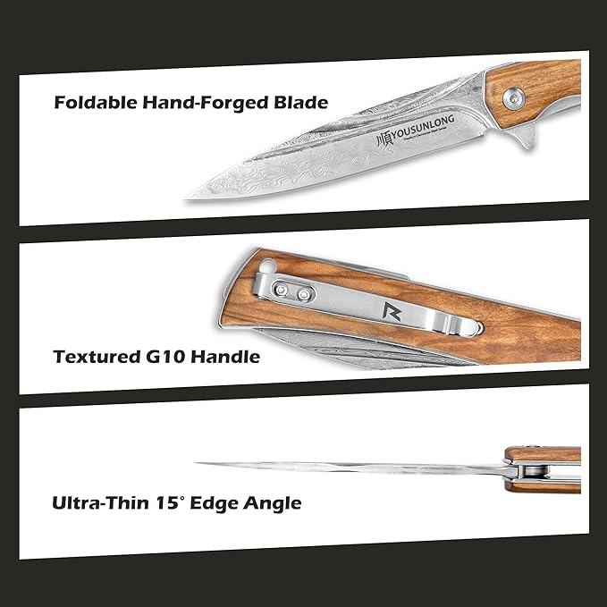 YOUSUNLONG Camping Folding Knife - Hammered Damascus Steel Blade - Italian Olive Wood Cover