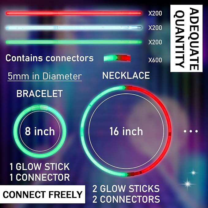 Hanaive 300 Pcs Glow Sticks Bulk 8 Inch Glow in The Dark Party Favors Neon Bracelets and Necklaces Light up Sticks with Connectors for Holiday Birthday Party Supplies(Red, Green, White)