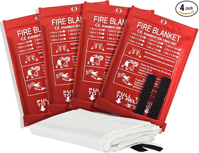 Emergency Fire Blanket for Home & Kitchen - 40x40 Flame-Retardant Fiberglass Fire Suppression Blankets, 4-Pack for Bedroom, Camping, BBQ & Emergency Safety (White)