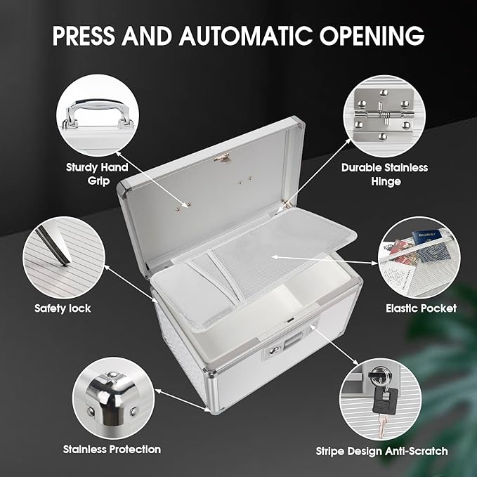 Medicine Lock Box with Key, Alluminum Alloy Box for Medication,First Aid Box with a Removeable Tray to Store Medicines & Pills for Home, Silver 14 * 8.46 * 7.48 Inch