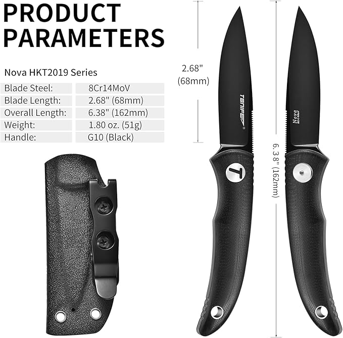 TONIFE Nova 2.68'' Blade Mini Neck Knife Full Tang Fixed Blade Knife with Kydex Sheath and Adjustable Paracord Lanyard for Camping Outdoor Survival Tool (Black+Black Titanium)