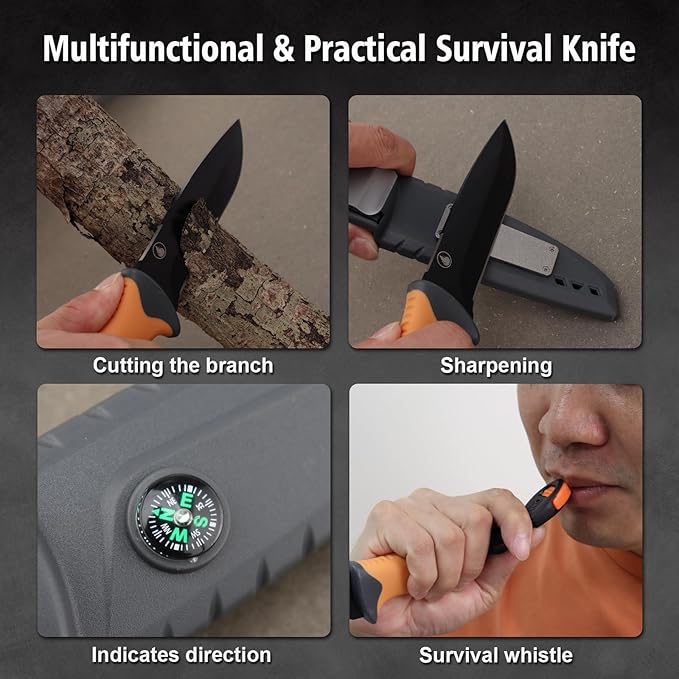 Fixed blade hunting knife-Stainless Steel Blade,Fixed blade knife with sheath, Fire Starter, Sharpener, Whistle and Compass,Survival Tactical Knife for Hunting,Fishing,Camping and Bushcraft