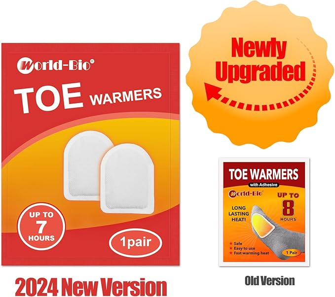 WORLD-BIO Toe Warmers Adhesive 10/20/30/40 Pairs - Long Lasting Safe Natural Odorless Air Activated Warmers Up to 8 Hours of Heat - Heated Insoles Toe Foot Warmers Keep Foot Warm in Chill Winter