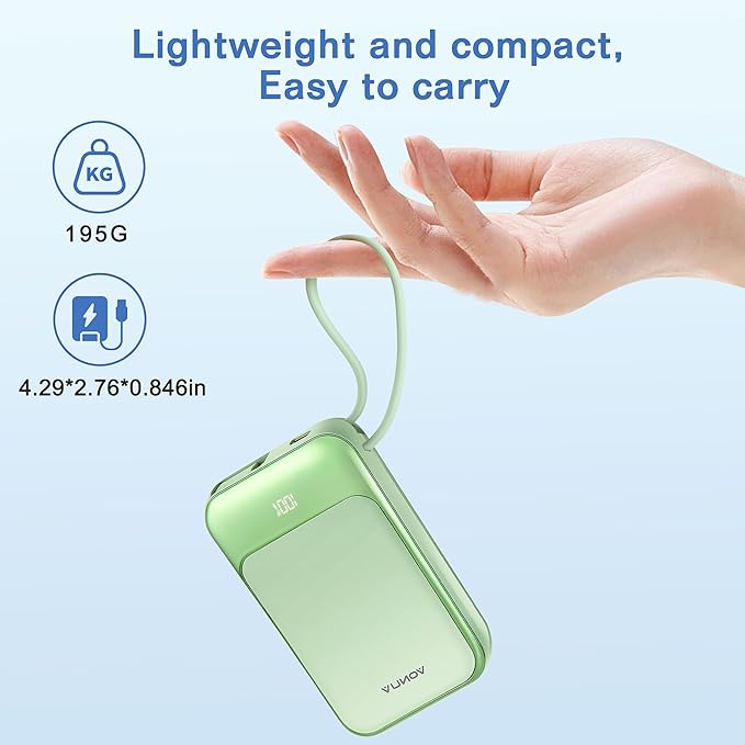 Magnetic Power Bank 10000mAh, Wireless Portable Charger with 15W Max Fast Charging & Built-in USB-C Cable, 22.5W PD LED Display Battery Pack Compatible with iPhone 16/15, Samsung Galaxy(Green)